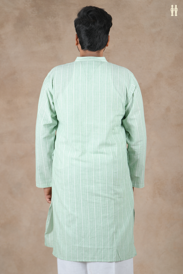 Chinese Collar Stripes Design Green Cotton Long Kurta