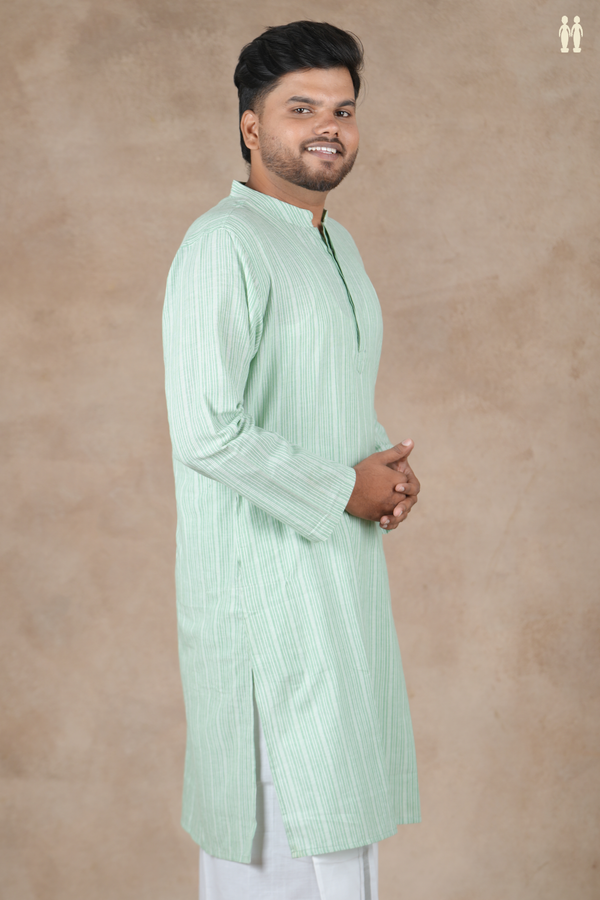 Chinese Collar Stripes Design Green Cotton Long Kurta