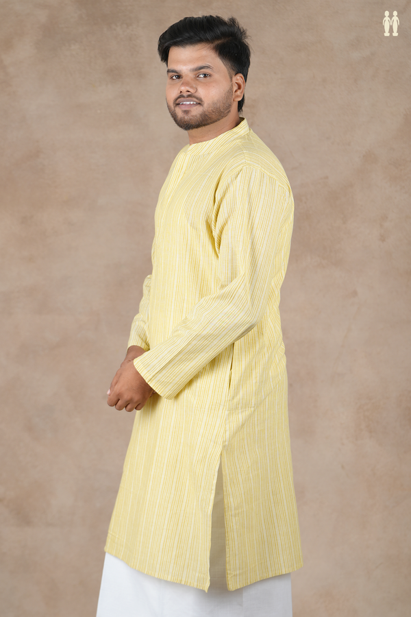 Chinese Collar Stripes Design Yellow Cotton Long Kurta