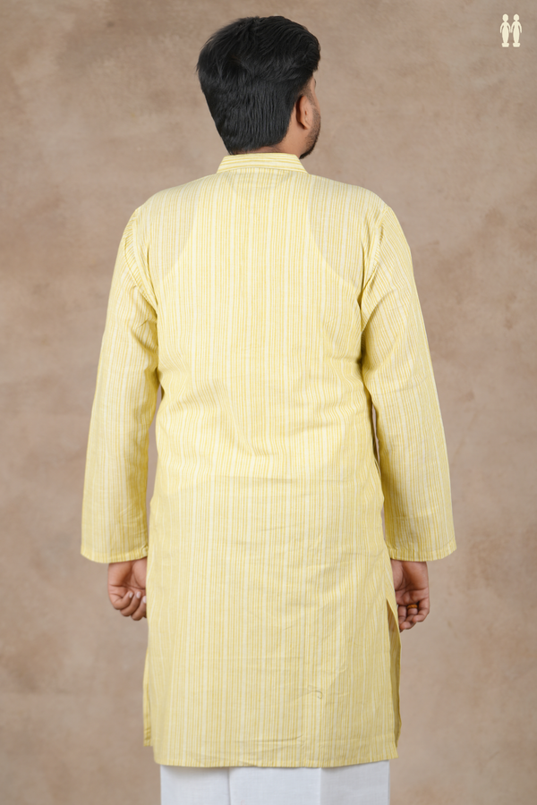Chinese Collar Stripes Design Yellow Cotton Long Kurta