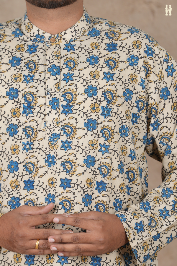 Chinese Collar Floral Design Cream Color Cotton Short Kurta