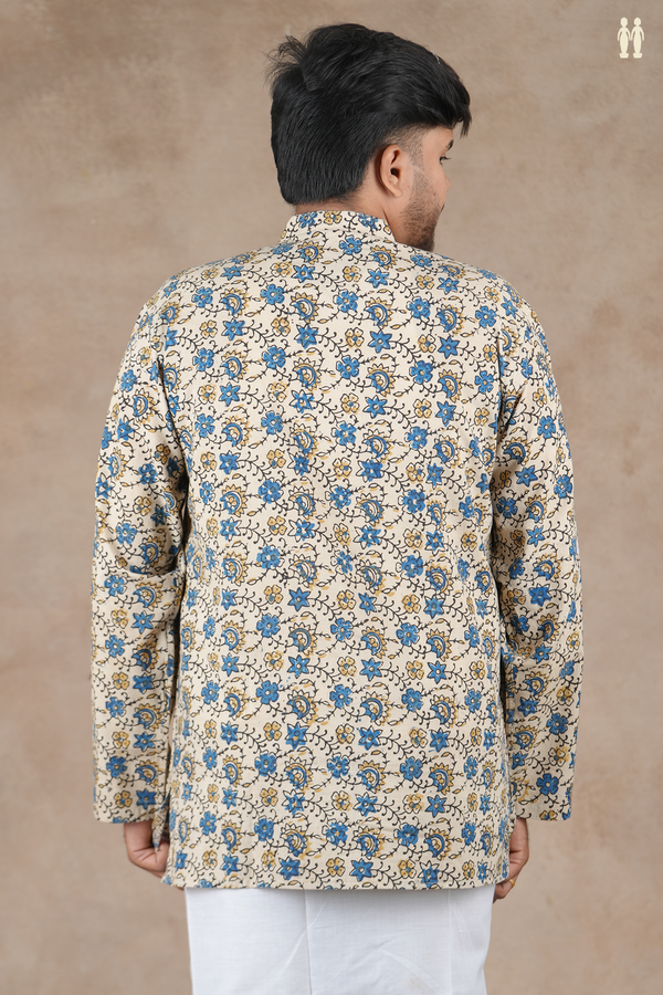 Chinese Collar Floral Design Cream Color Cotton Short Kurta