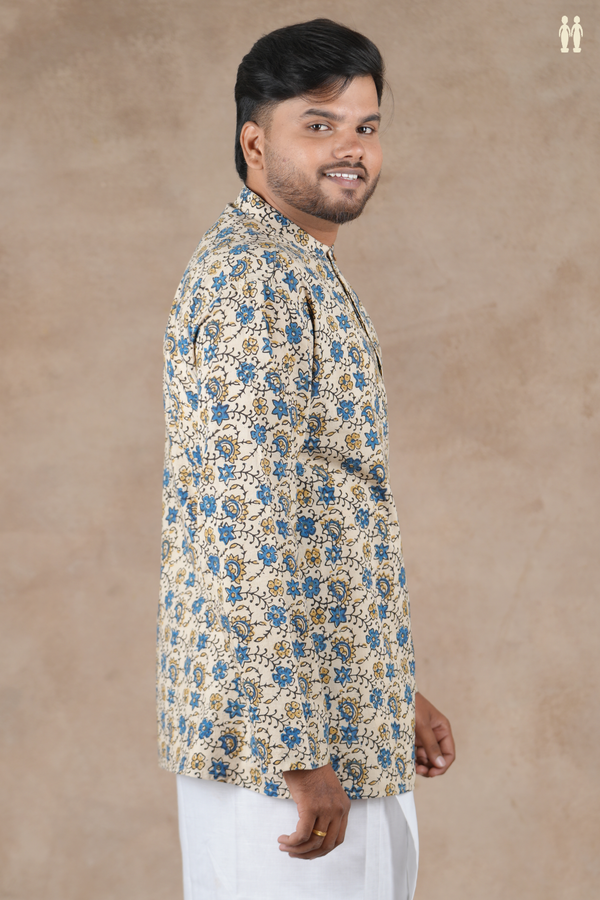 Chinese Collar Floral Design Cream Color Cotton Short Kurta