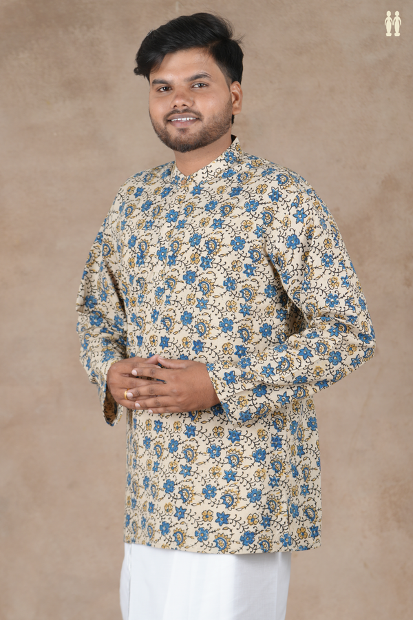 Chinese Collar Floral Design Cream Color Cotton Short Kurta