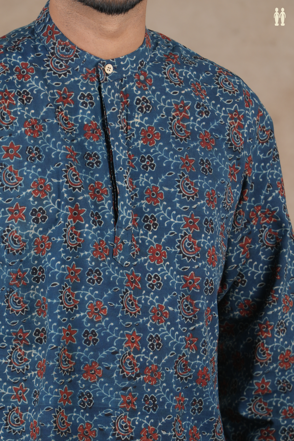 Chinese Collar Floral Design Blue Cotton Short Kurta