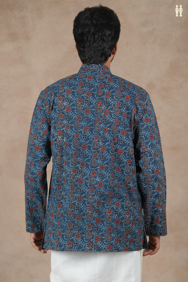 Chinese Collar Floral Design Blue Cotton Short Kurta
