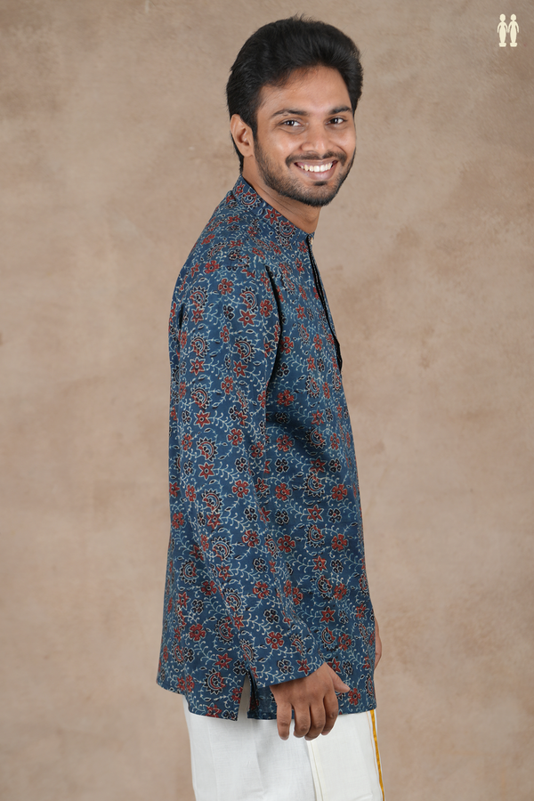 Chinese Collar Floral Design Blue Cotton Short Kurta