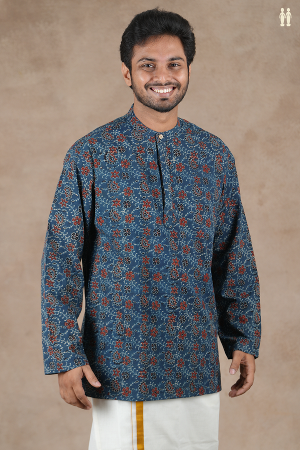 Chinese Collar Floral Design Blue Cotton Short Kurta
