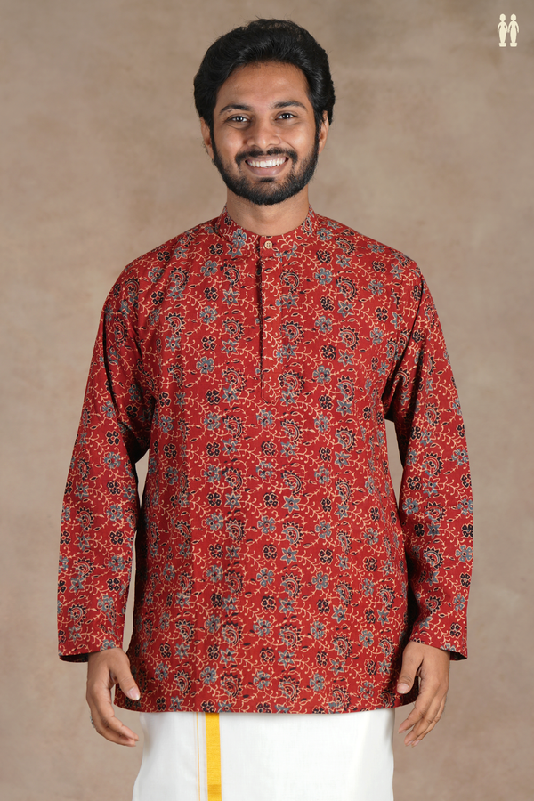 Chinese Collar Floral Design Rust Red Cotton Short Kurta