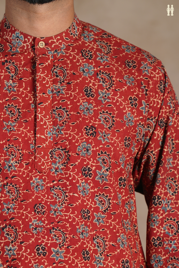 Chinese Collar Floral Design Rust Red Cotton Short Kurta