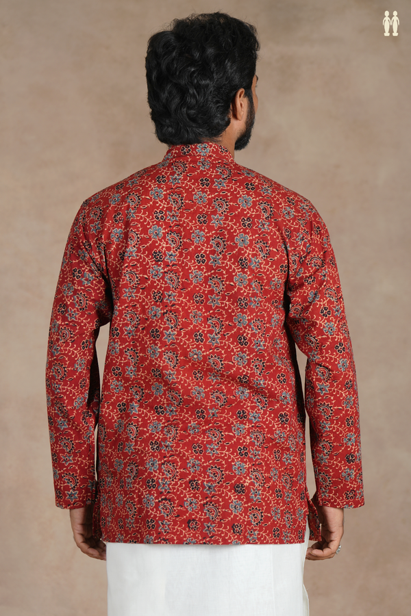 Chinese Collar Floral Design Rust Red Cotton Short Kurta