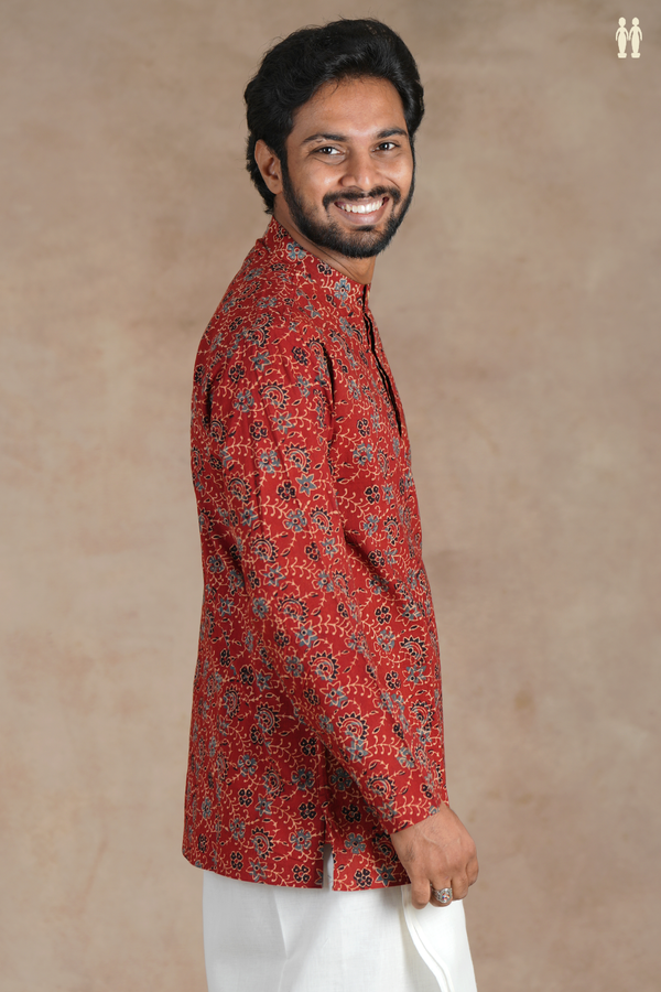 Chinese Collar Floral Design Rust Red Cotton Short Kurta