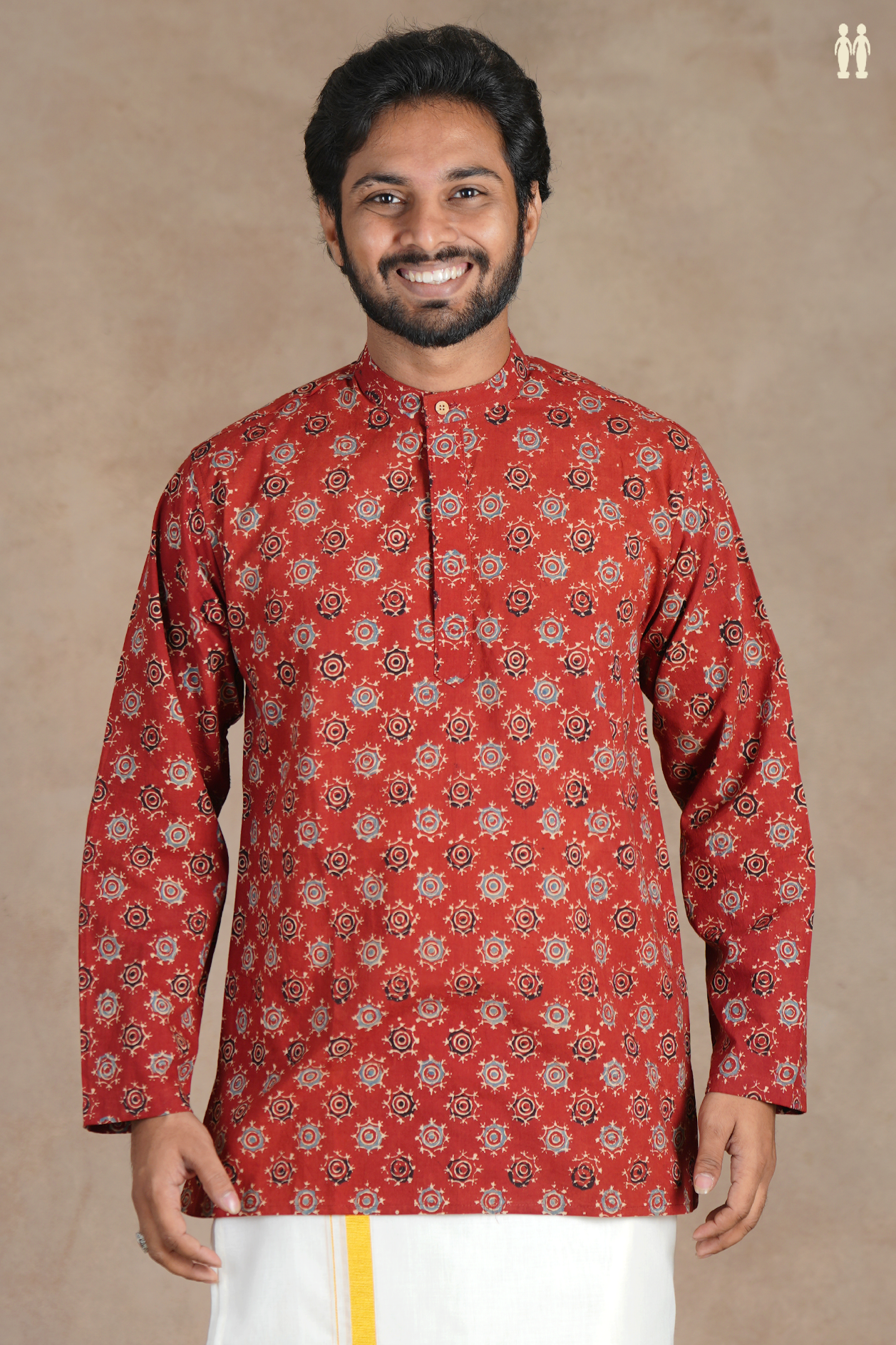 Chinese Collar Printed Design Rust Red Cotton Short Kurta