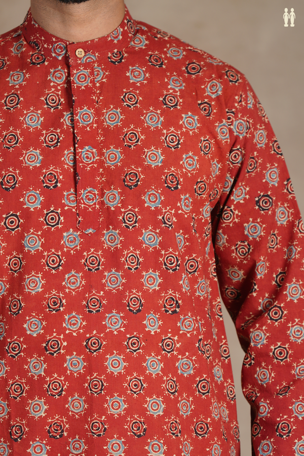 Chinese Collar Printed Design Rust Red Cotton Short Kurta