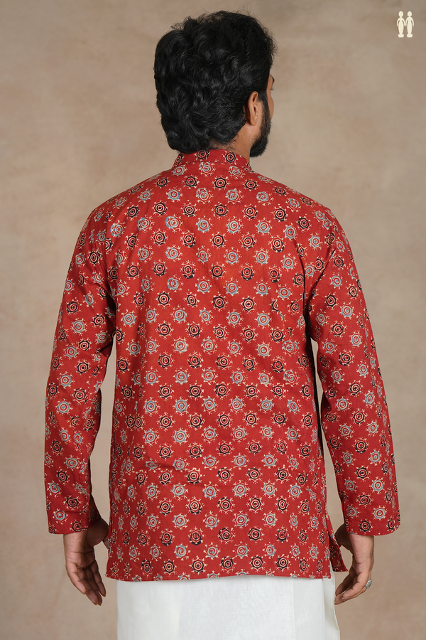 Chinese Collar Printed Design Rust Red Cotton Short Kurta