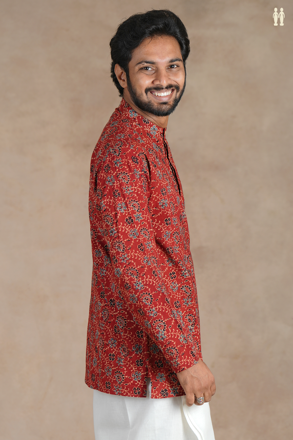 Chinese Collar Printed Design Rust Red Cotton Short Kurta