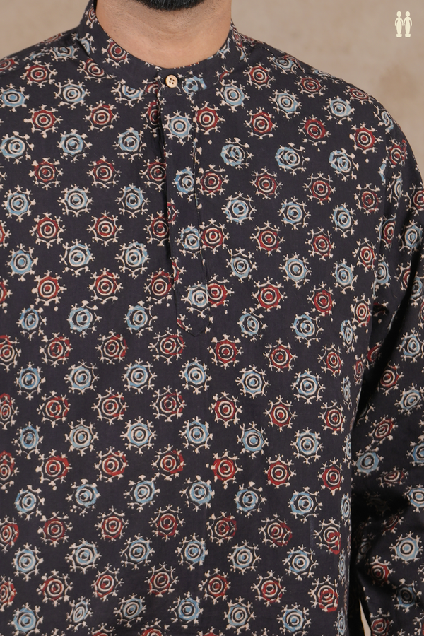 Chinese Collar Printed Design Dark Brown Cotton Short Kurta