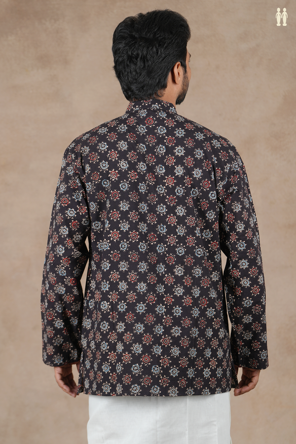 Chinese Collar Printed Design Dark Brown Cotton Short Kurta