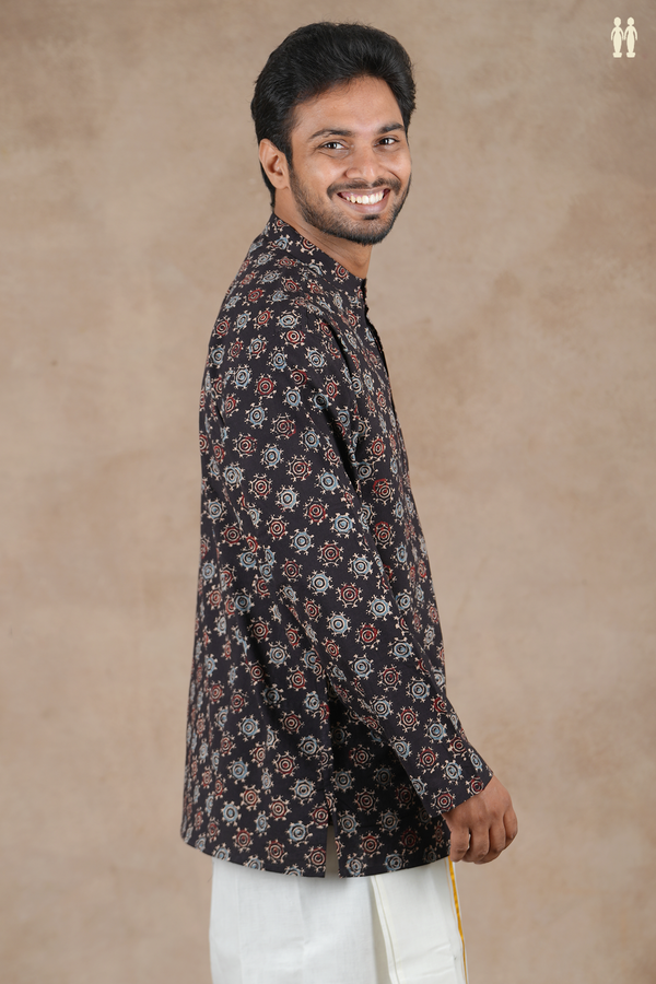 Chinese Collar Printed Design Dark Brown Cotton Short Kurta