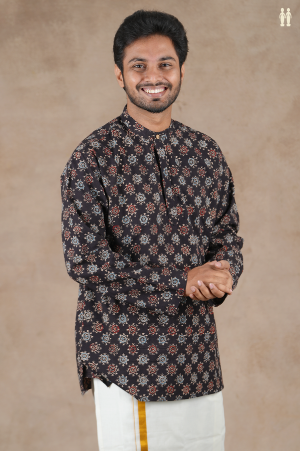 Chinese Collar Printed Design Dark Brown Cotton Short Kurta