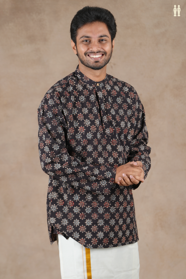 Chinese Collar Printed Design Dark Brown Cotton Short Kurta