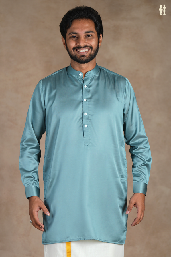 Chinese Collar Plain Turkish Blue Silk Short Kurta