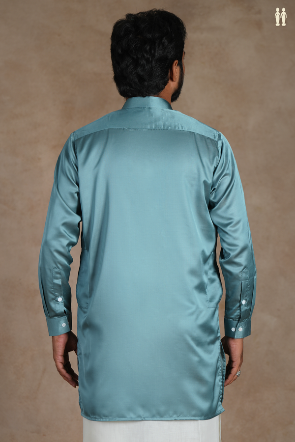 Chinese Collar Plain Turkish Blue Silk Short Kurta