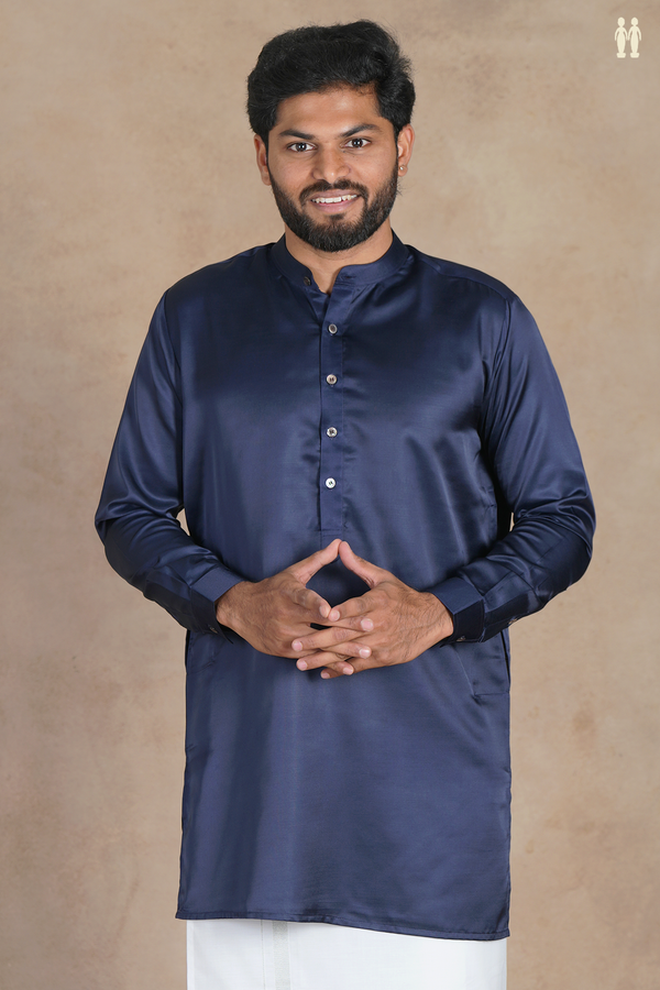 Chinese Collar Plain Navy Blue Silk Short Kurta
