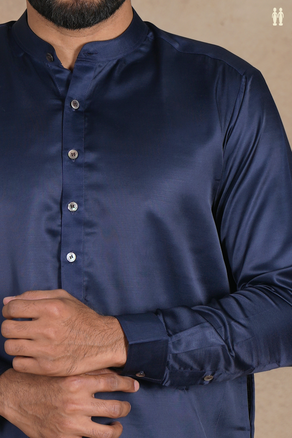 Chinese Collar Plain Navy Blue Silk Short Kurta