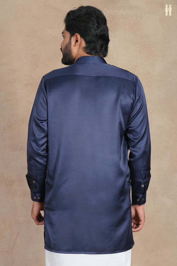 Chinese Collar Plain Navy Blue Silk Short Kurta