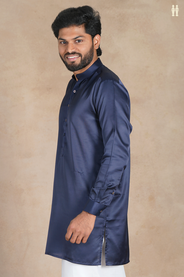 Chinese Collar Plain Navy Blue Silk Short Kurta