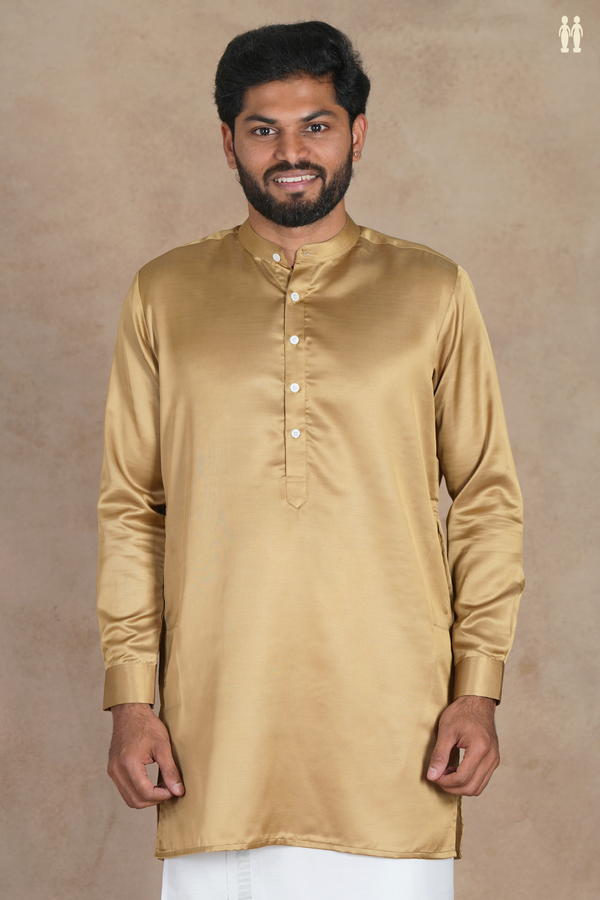 Chinese Collar Plain Brown Silk Short Kurta