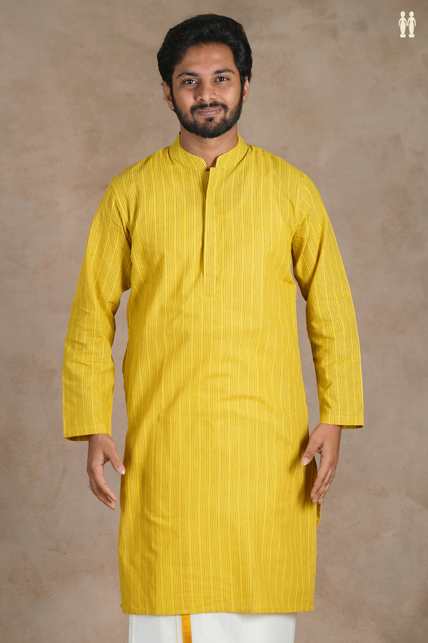 Chinese Collar Stripes Design Yellow Cotton Long Kurta