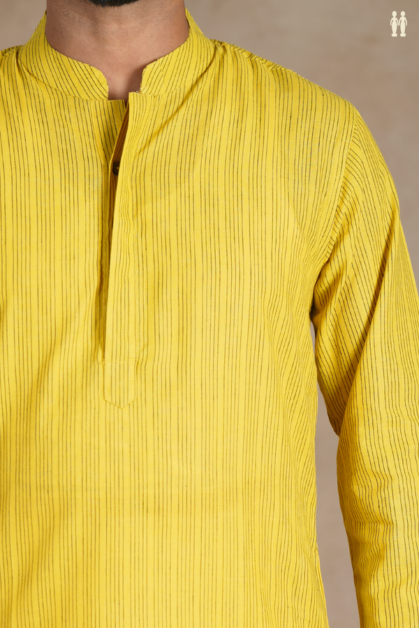 Chinese Collar Stripes Design Yellow Cotton Long Kurta