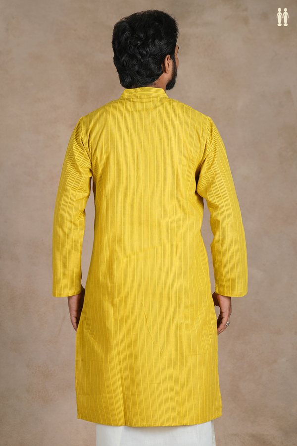 Chinese Collar Stripes Design Yellow Cotton Long Kurta