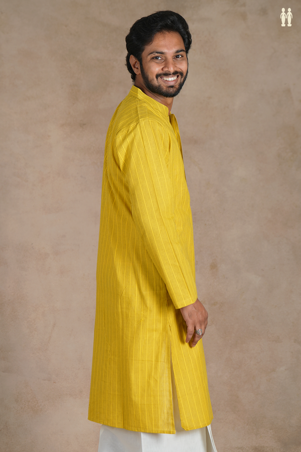 Chinese Collar Stripes Design Yellow Cotton Long Kurta