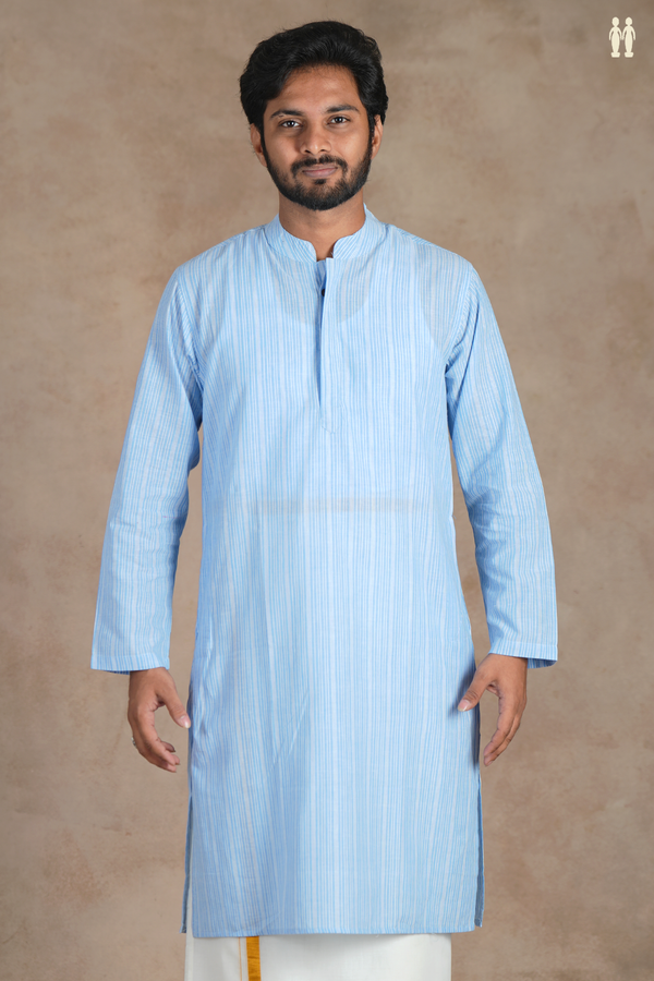 Chinese Collar Stripes Design Blue And White Cotton Long Kurta