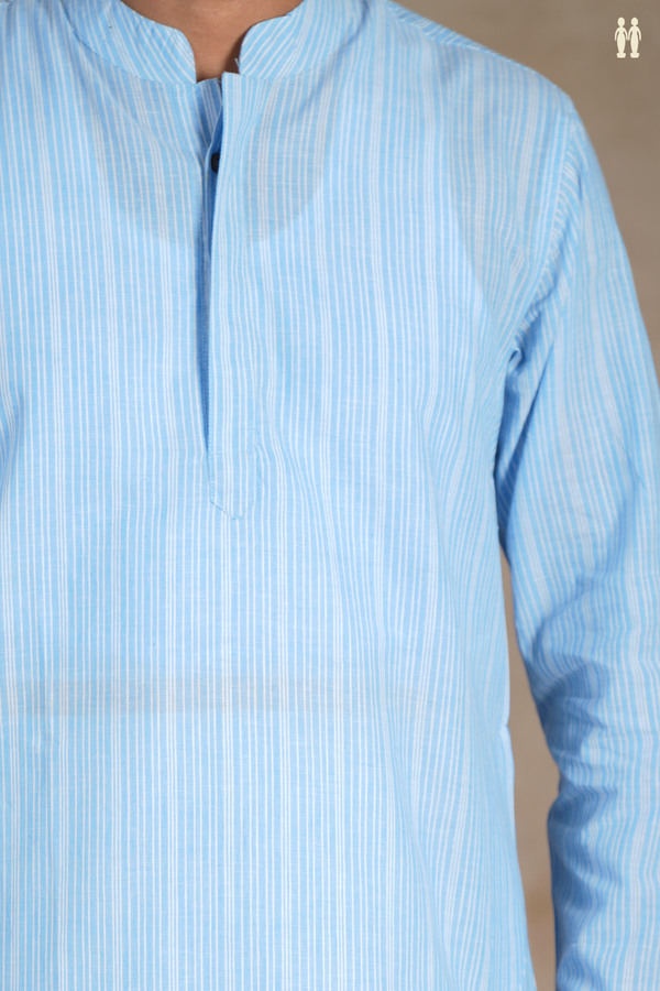 Chinese Collar Stripes Design Blue And White Cotton Long Kurta