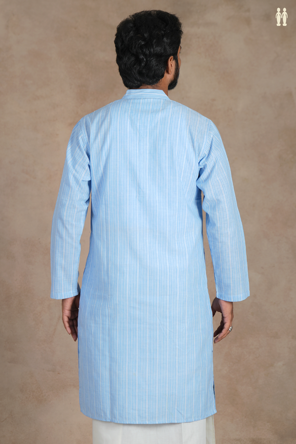 Chinese Collar Stripes Design Blue And White Cotton Long Kurta