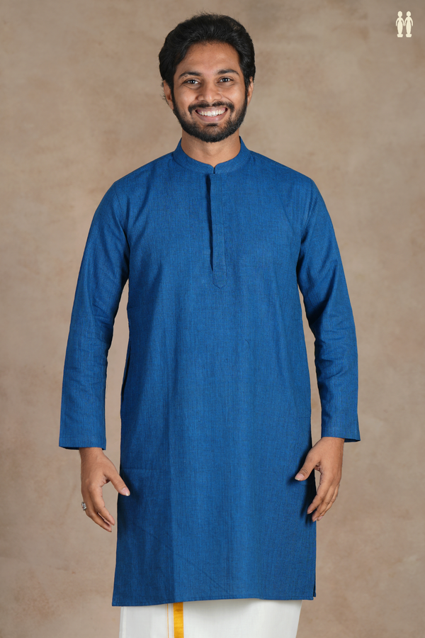 Chinese Collar Plain Cobalt Blue Cotton Long Kurta