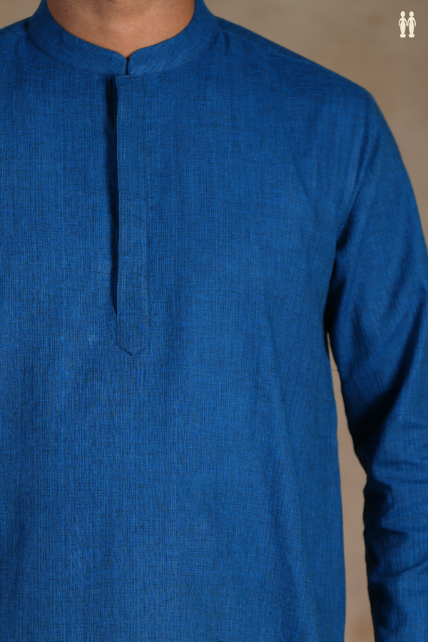 Chinese Collar Plain Cobalt Blue Cotton Long Kurta
