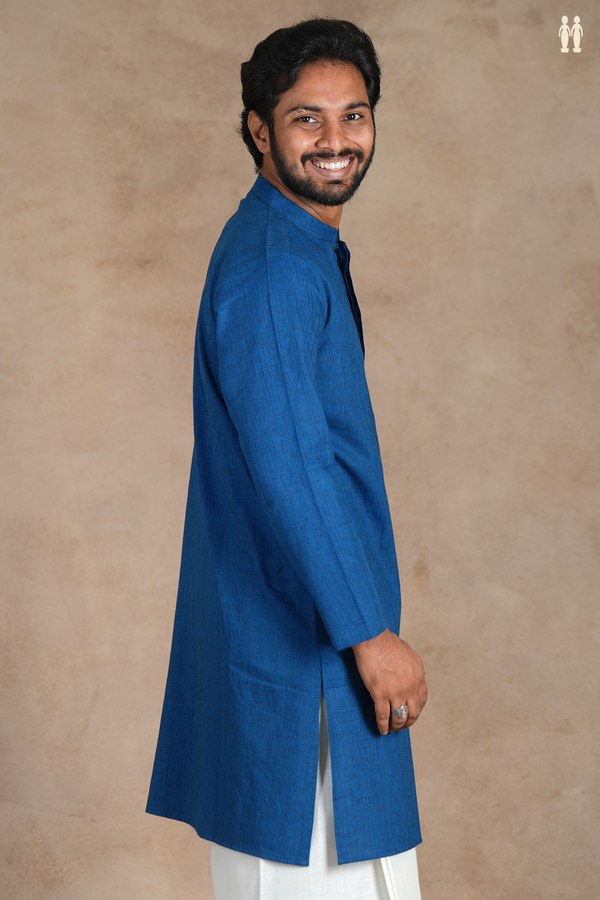 Chinese Collar Plain Cobalt Blue Cotton Long Kurta