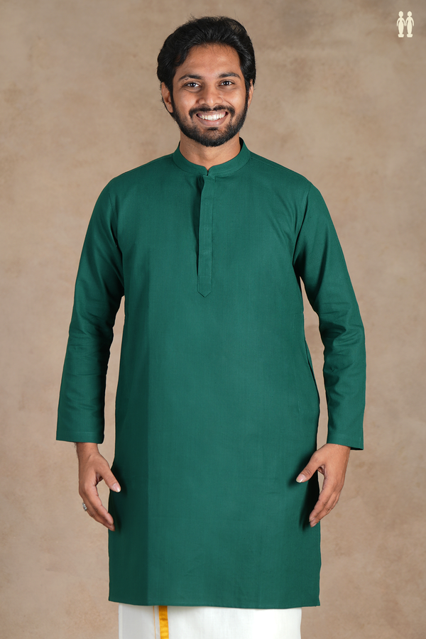 Chinese Collar Plain Forest Green Cotton Long Kurta