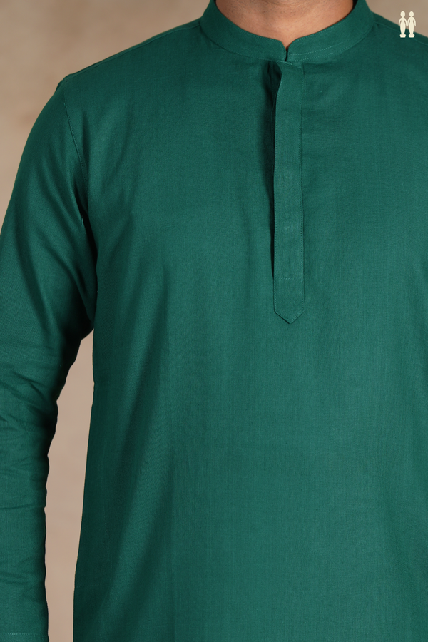 Chinese Collar Plain Forest Green Cotton Long Kurta