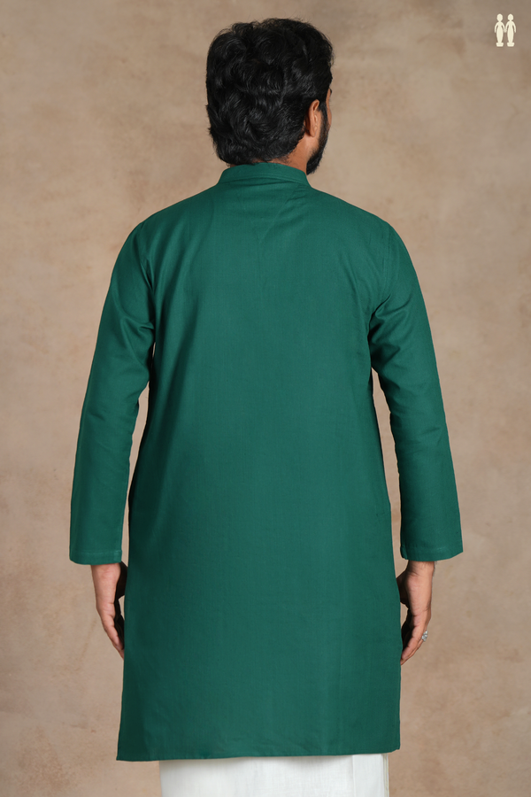 Chinese Collar Plain Forest Green Cotton Long Kurta