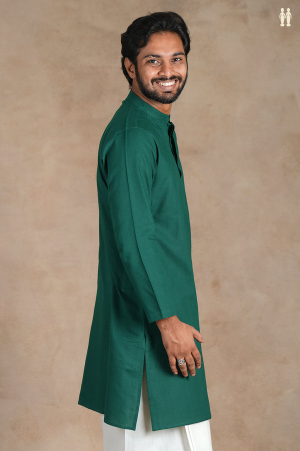 Chinese Collar Plain Forest Green Cotton Long Kurta