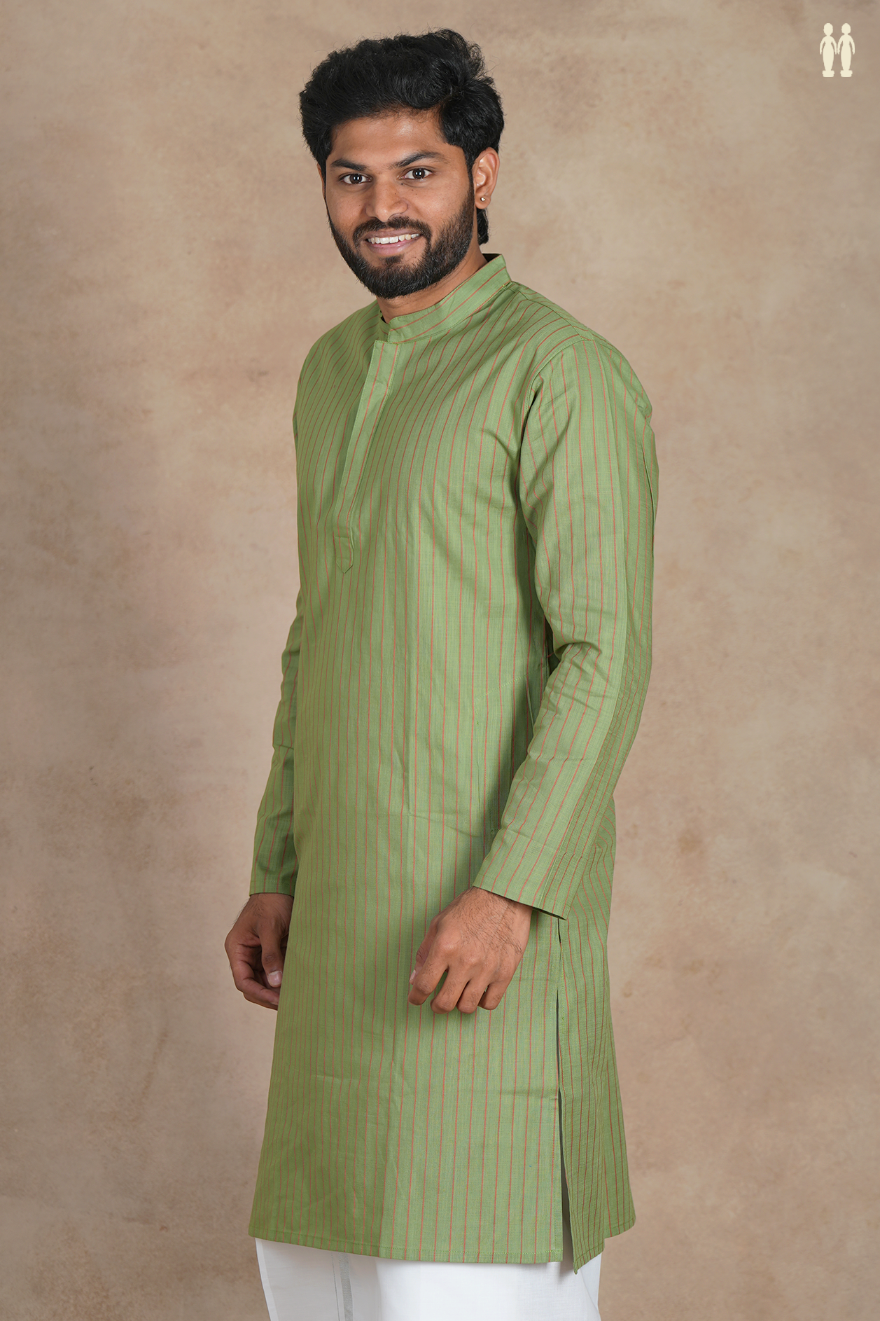 Chinese Collar Stripes Design Green Linen Slim Fit Long Kurta