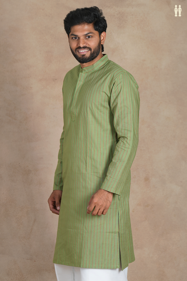 Chinese Collar Stripes Design Fern Green Linen Long Kurta