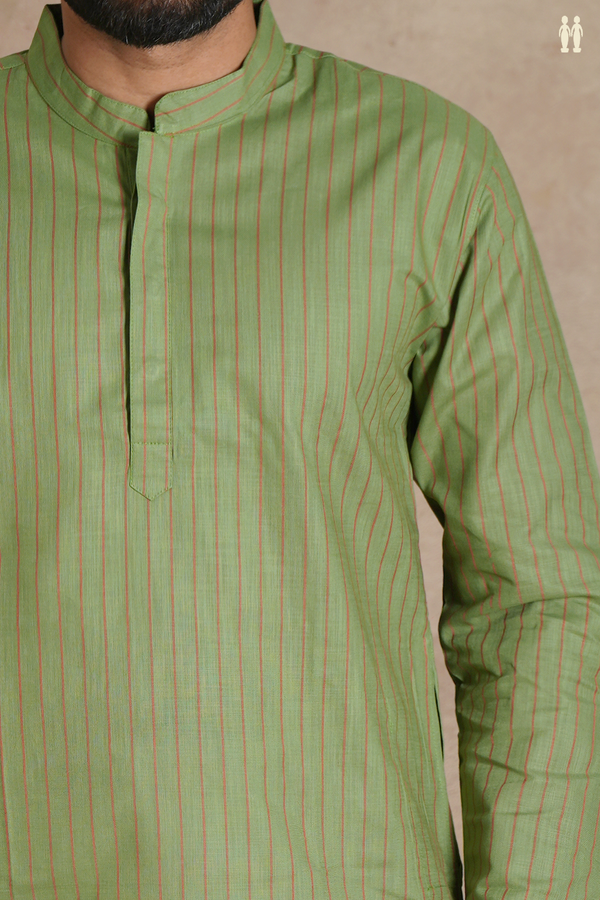 Chinese Collar Stripes Design Fern Green Linen Long Kurta