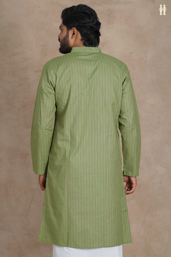 Chinese Collar Stripes Design Fern Green Linen Long Kurta